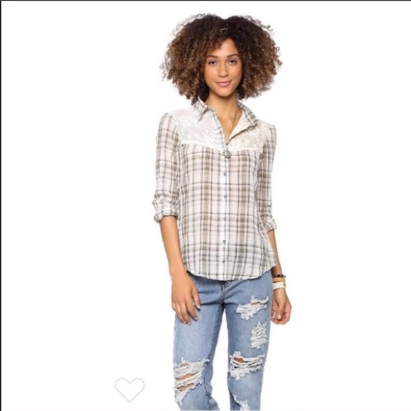 Free People Saddle Up Plaid Lace Yoke Shirt - Picture 2 of 16